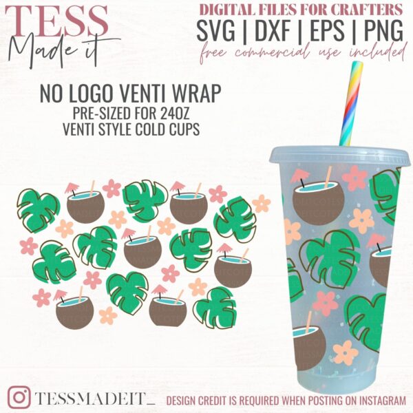 No Hole Summer Starbucks SVG - Monstera SVG Venti Wrap for Cricut SVGS. free commercial use cutting files