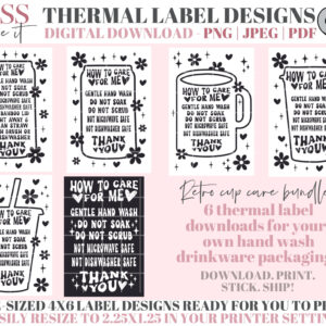 assorted Tumbler Care Cards for small business packaging stickers. assorted tumbler cup care thermal label printable downloads