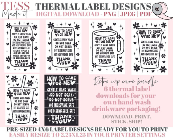 assorted Tumbler Care Cards for small business packaging stickers. assorted tumbler cup care thermal label printable downloads