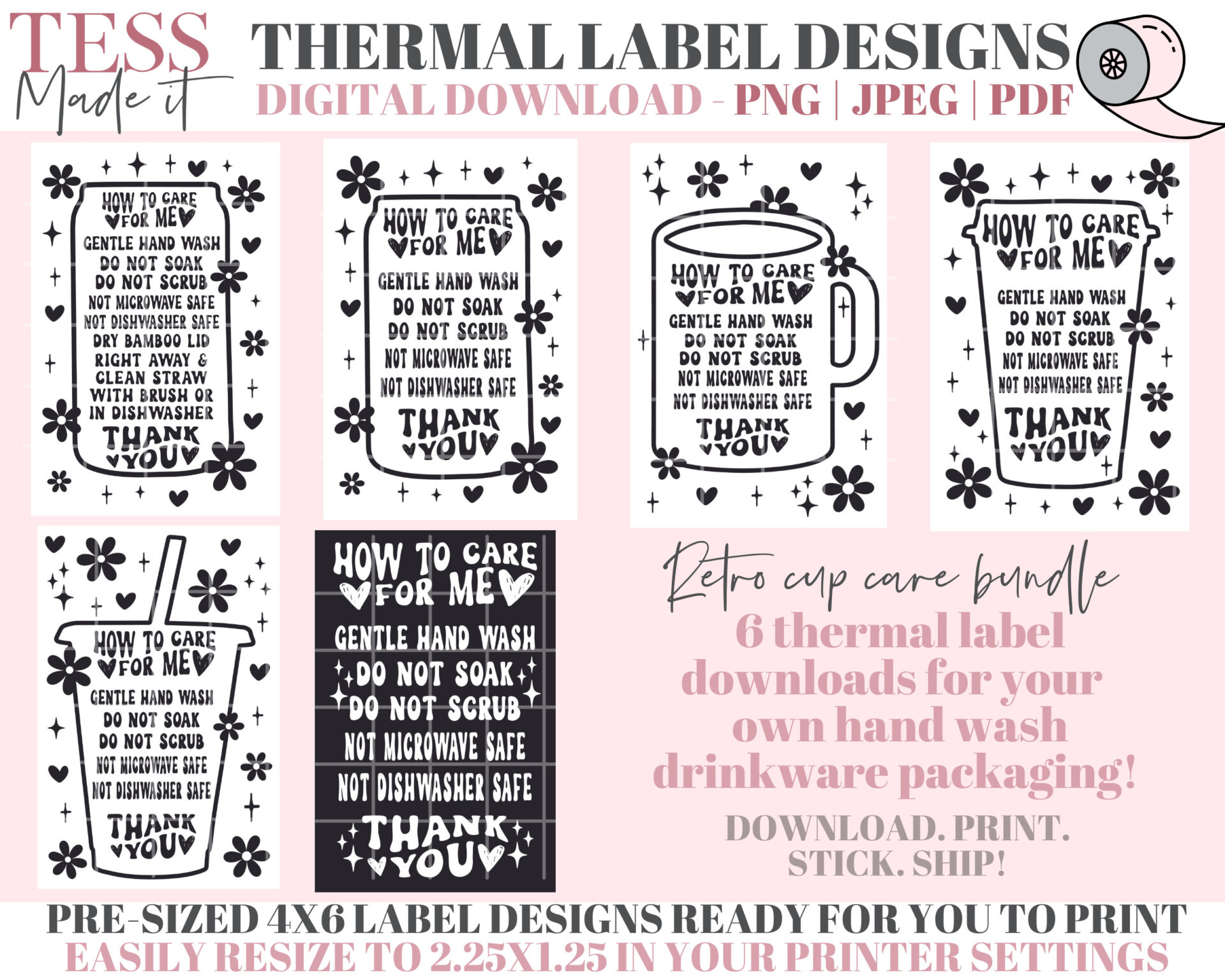 Assorted Tumbler Care Cards - Thermal Printer PNG Tess Made It