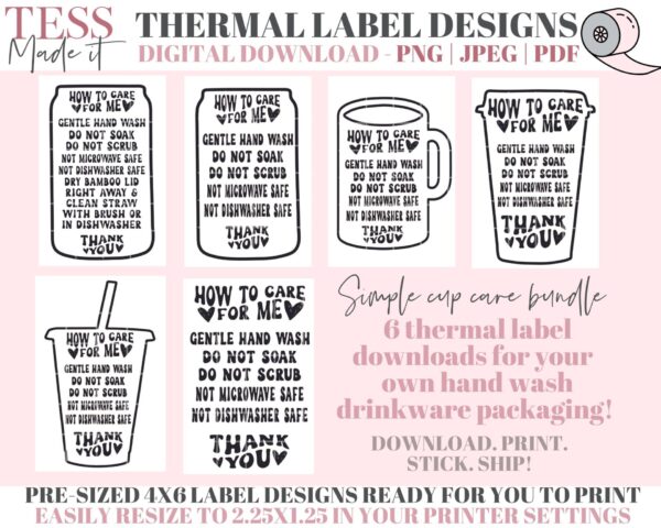 Tumbler Care Cards - Thermal Printer Labels for cup care packaging