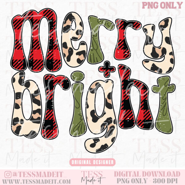 Merry and bright PNG - This trendy holiday PNG is perfect for clothing, mugs, glasses, totes and more. This 300 dpi 12″ PNG design is perfect for sublimation or transfers