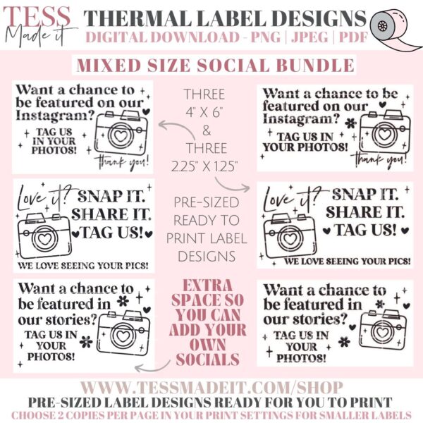tag us cards for small business packaging. share on socials stickers for thermal labels